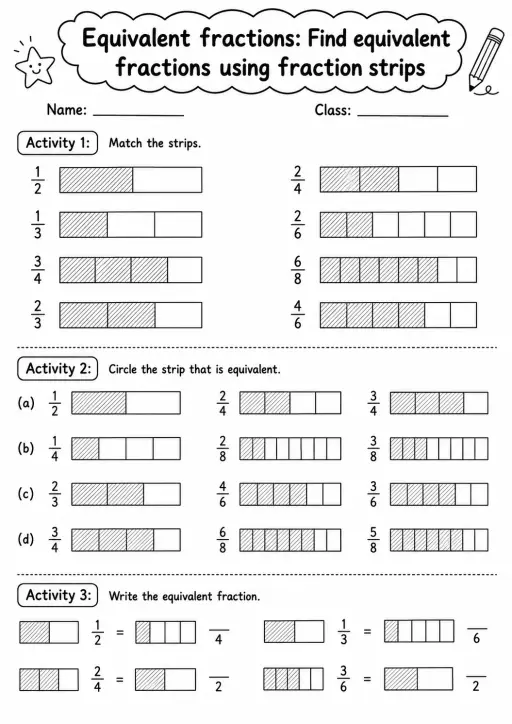 Grade 3 Equivalent Fractions Math Worksheet Pack