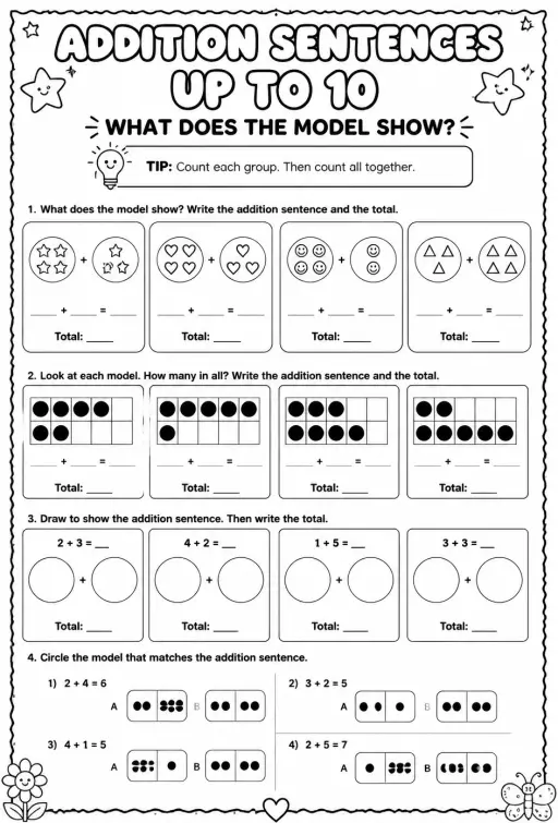 Addition sentences up to 10 - what does the model show?