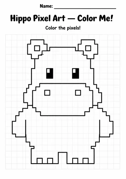 Hippo Pixel Art Coloring Page