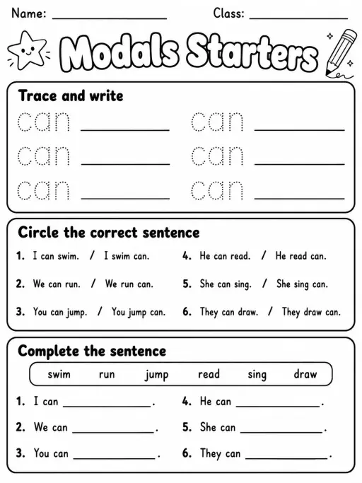 Modals Starters Vocabulary Worksheet Pack
