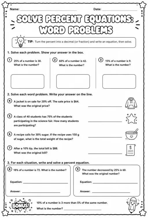 Solve percent equations: word problems