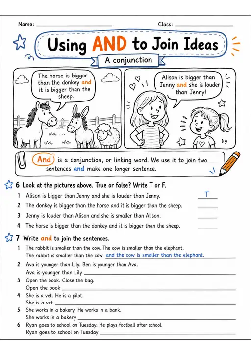 Using And To Join Ideas | Grades 2-3 Grammar Worksheet