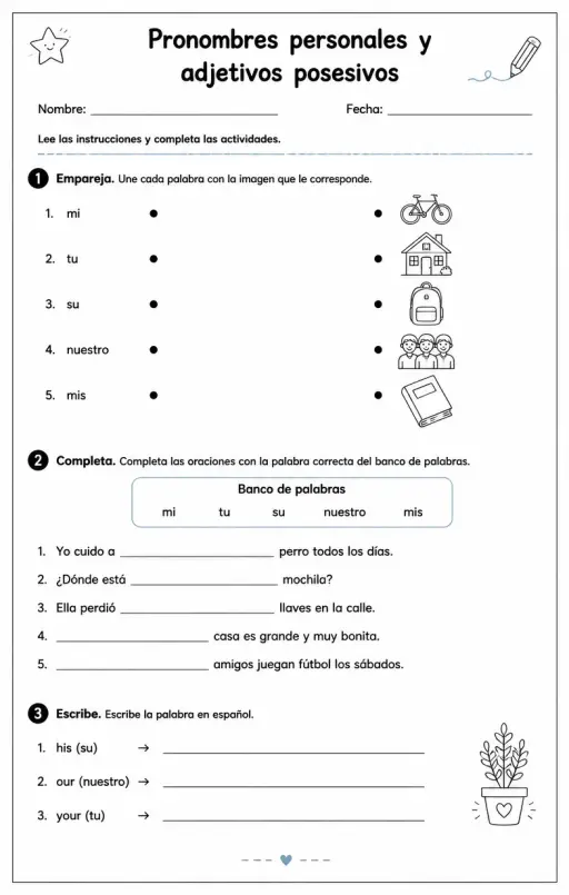 Reconocer palabras, frases o oraciones en español relacionadas con adjetivos posesivos.