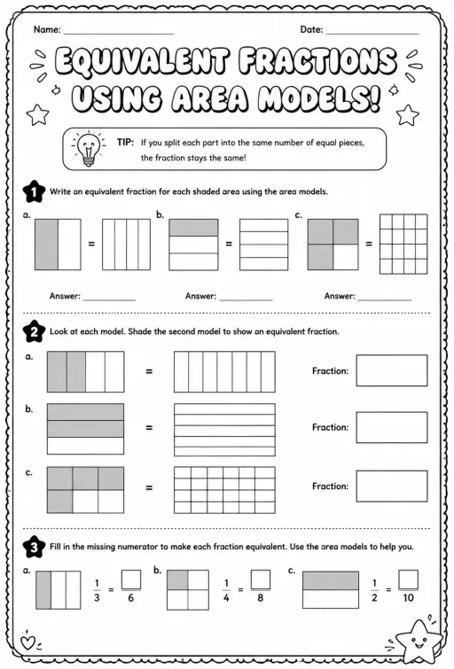 Find equivalent fractions using area models