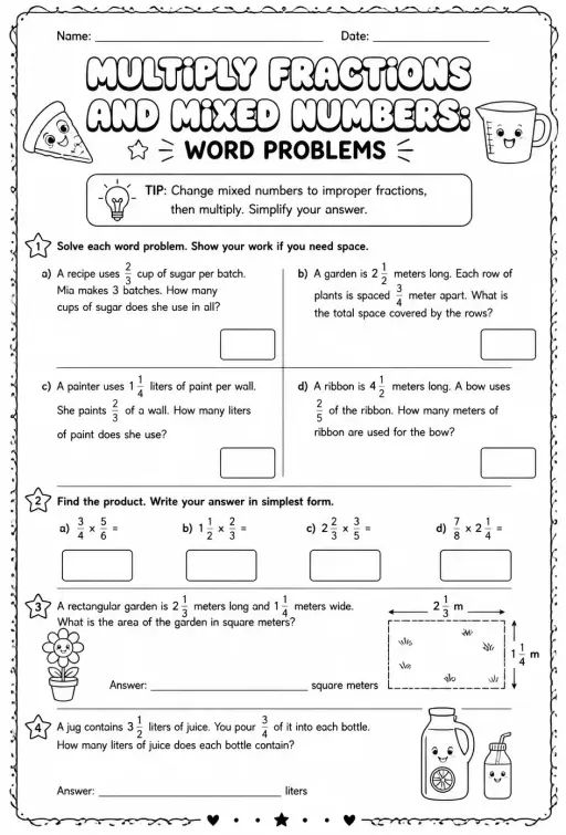 Multiply fractions and mixed numbers: word problems