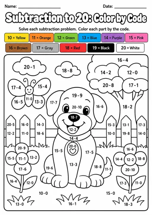 Subtraction Color by Code To 20 Worksheet Pack