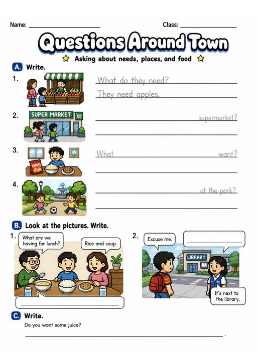 Questions Around Town | Grade 2 Vocabulary Worksheet
