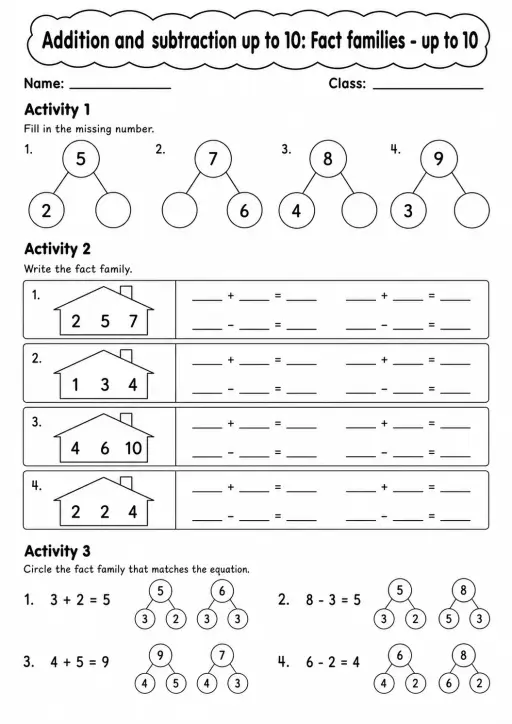 Grade 1 Addition and Subtraction up to 10 Math Worksheet Pack