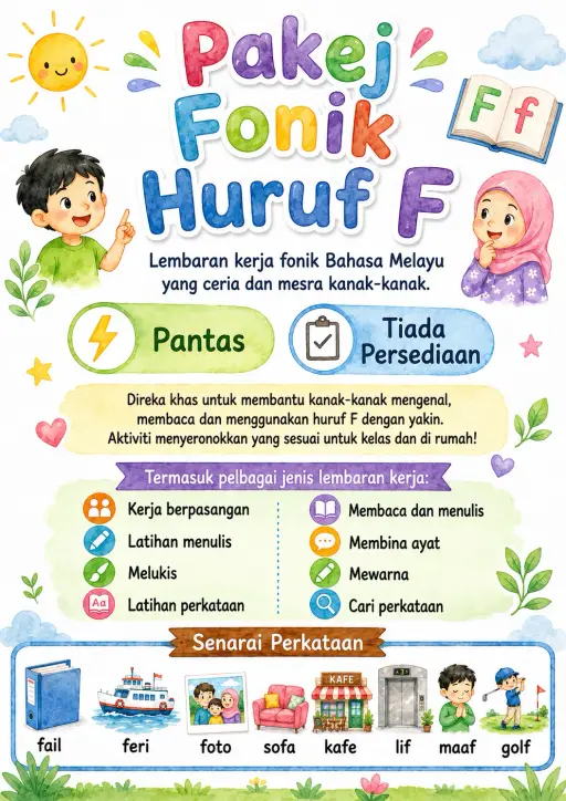 Malay Letter F Phonics Worksheets Pack