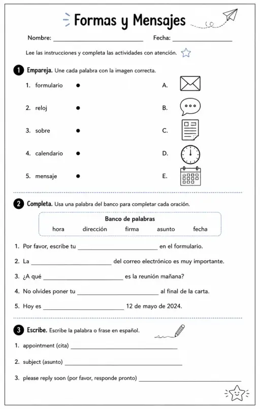 Completar formularios, horarios, subtítulos y mensajes breves con información precisa.