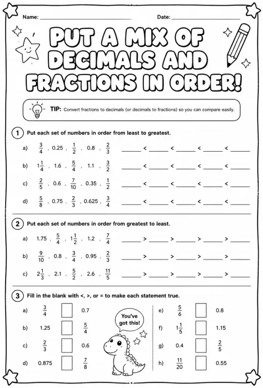 Put a mix of decimals and fractions in order