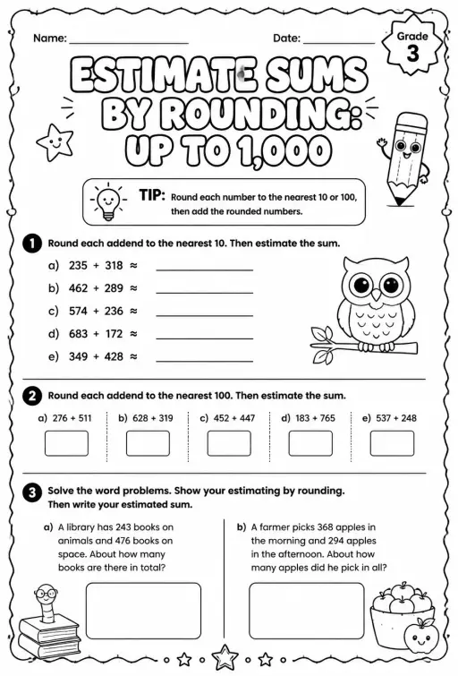 Estimate sums by rounding: up to 1,000