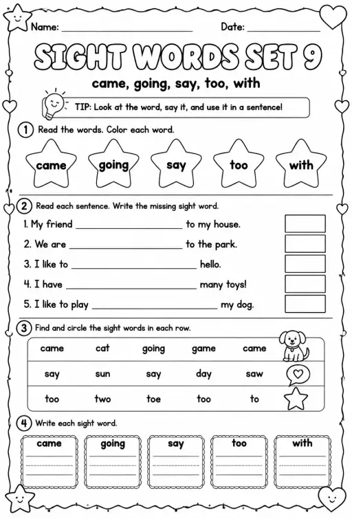 Read sight words set 9: came, going, say, too, with