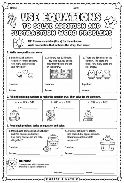 Use equations to solve addition and subtraction word problems
