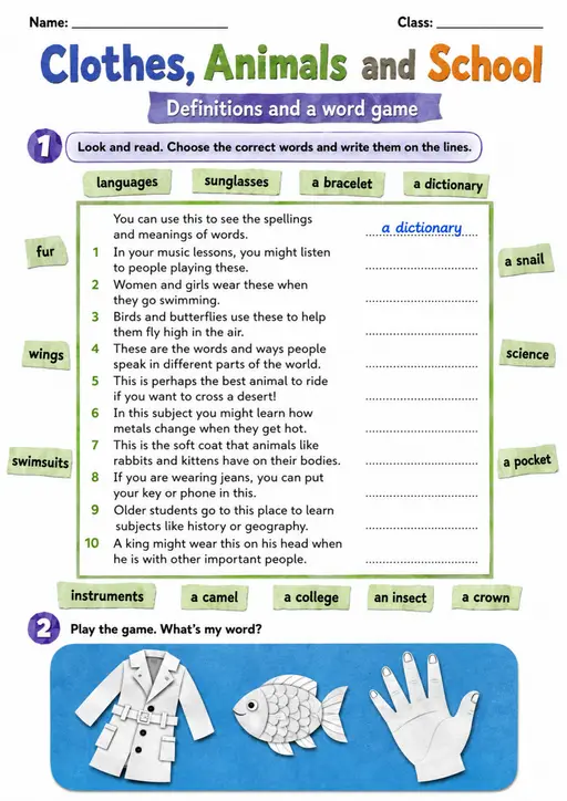 Cambridge Flyers - Clothes, Animals and School - Practice 2 | Free Worksheet