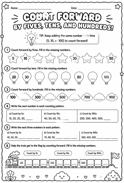 Count forward by fives, tens, and hundreds