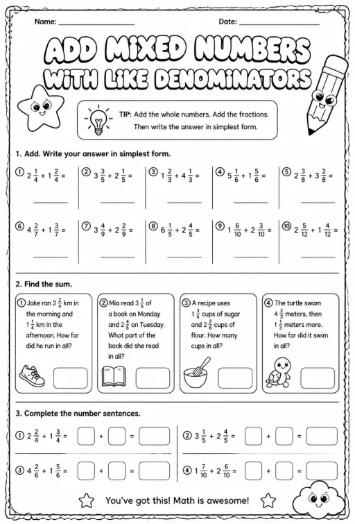 Add mixed numbers with like denominators