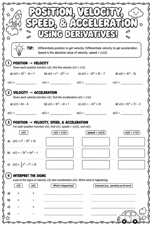 Relate position, velocity, speed, and acceleration using derivatives