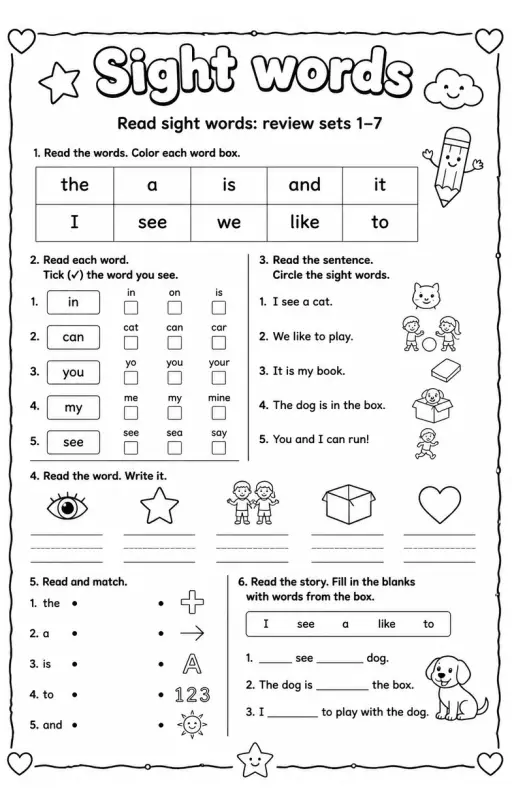 Read sight words: review sets 1–7