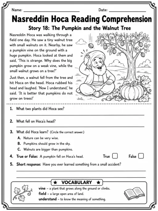 Nasreddin Hoca Reading Comprehension: The Pumpkin and the Walnut Tree