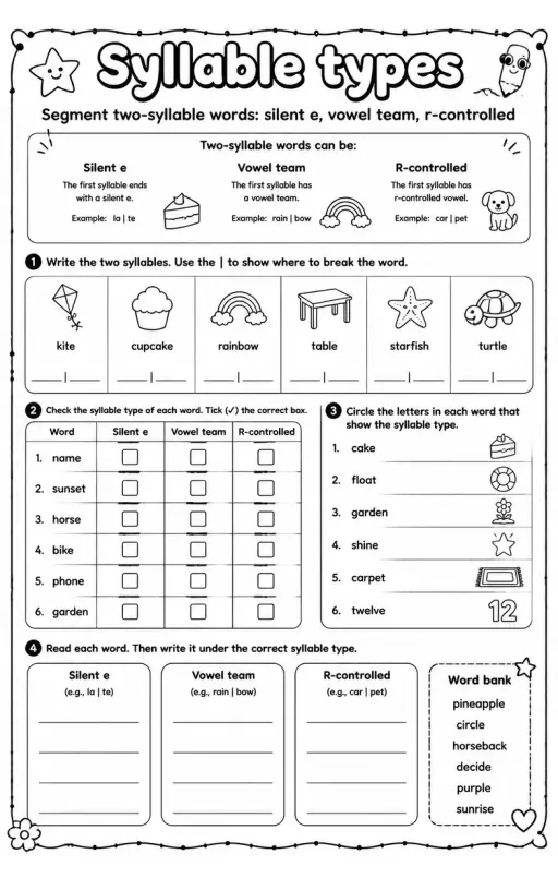 Segment two-syllable words: silent e, vowel team, r-controlled