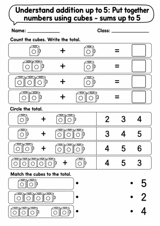 Kindergarten Understand Addition up to 5 Math Worksheet Pack