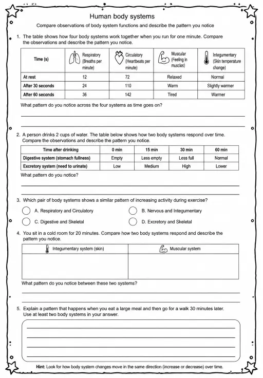Compare observations of body system functions and describe the pattern you notice
