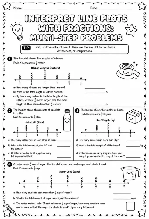Interpret line plots with fractions: multi-step problems
