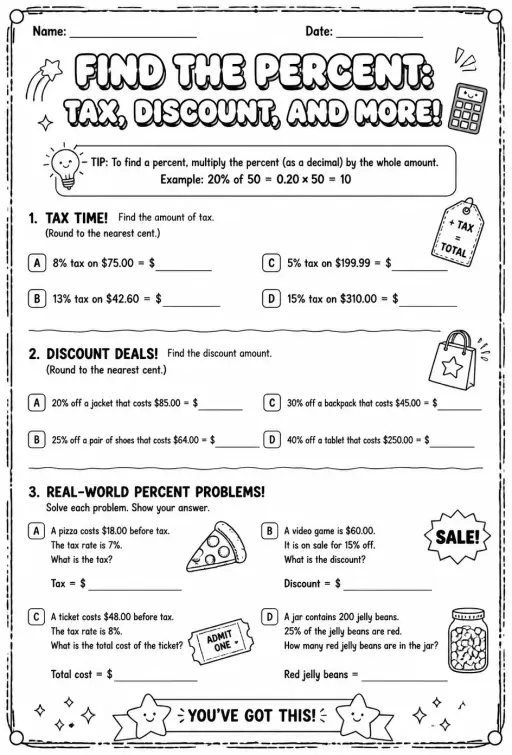 Find the percent: tax, discount, and more