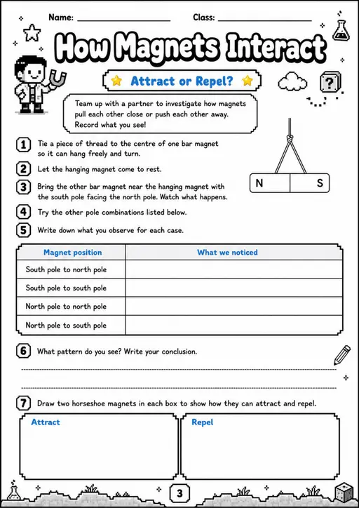 How Magnets Interact - Grade 3 Science Worksheet