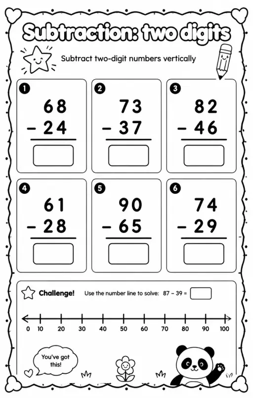 Subtract two-digit numbers vertically