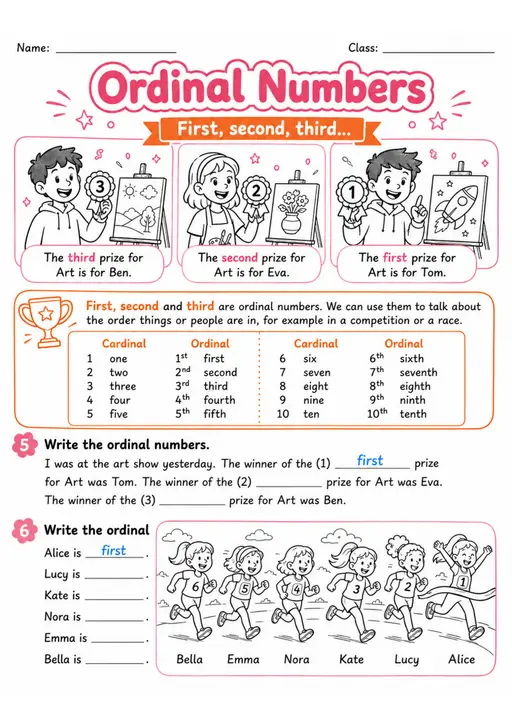 Ordinal Numbers | Grades 2-3 Grammar Worksheet