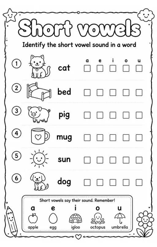 Identify the short vowel sound in a word