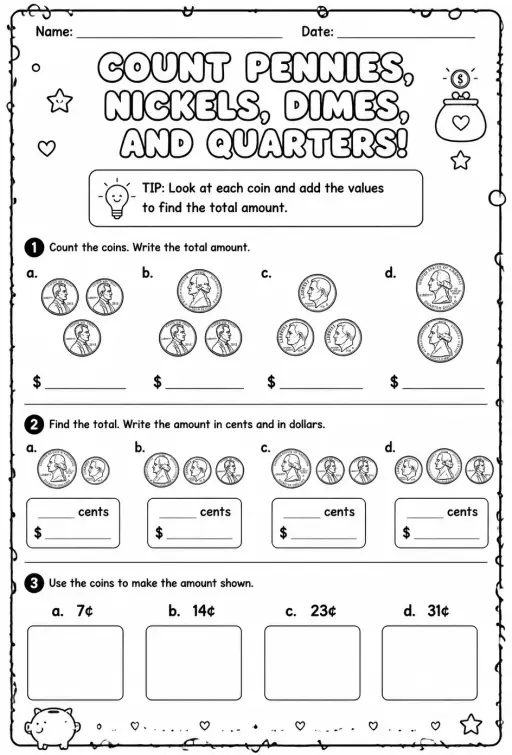 Count pennies, nickels, dimes, and quarters