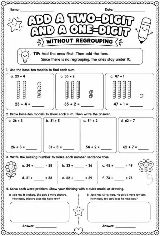 Use models to add a two-digit and a one-digit number - without regrouping