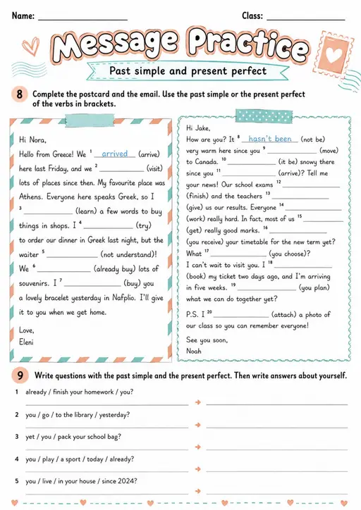 Past Simple or Present Perfect: Message Practice | Grades 5-6 Grammar Worksheet
