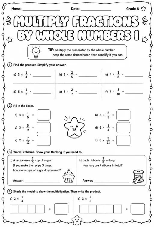 Multiply fractions by whole numbers I