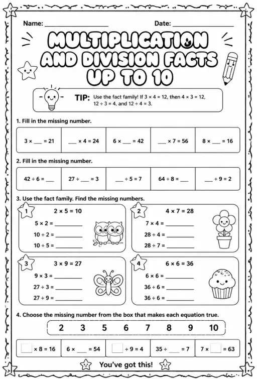 Multiplication and division facts up to 10: select the missing numbers