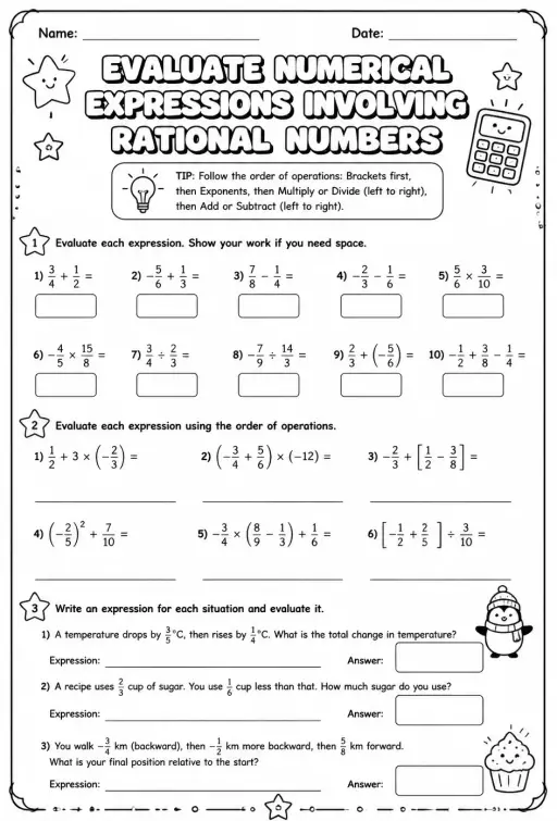 Evaluate numerical expressions involving rational numbers