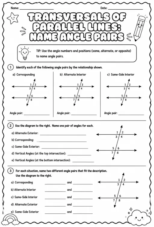 Transversals of parallel lines: name angle pairs