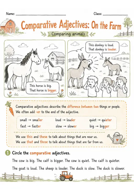 Comparative Adjectives: On The Farm | Grades 2-3 Grammar Worksheet