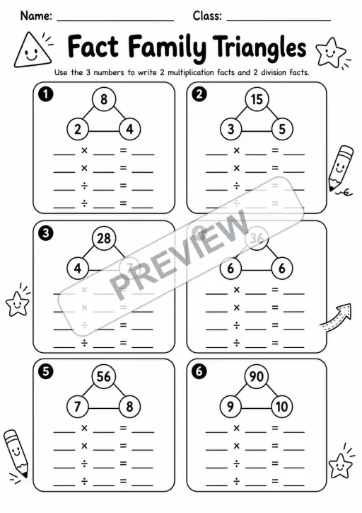 Multiplication & Division Fact Families | 7 Worksheets | Grade 3