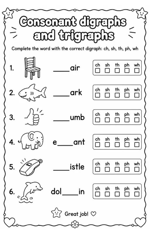 Complete the word with the correct digraph: ch, sh, th, ph, wh