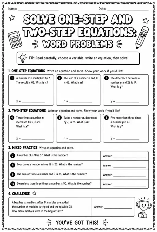 Solve one-step and two-step equations: word problems