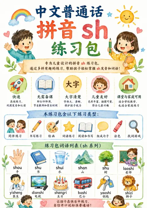 Chinese Pinyin Letter sh Phonics Worksheets Pack