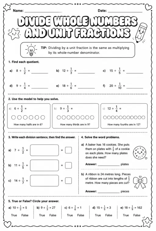 Divide whole numbers and unit fractions