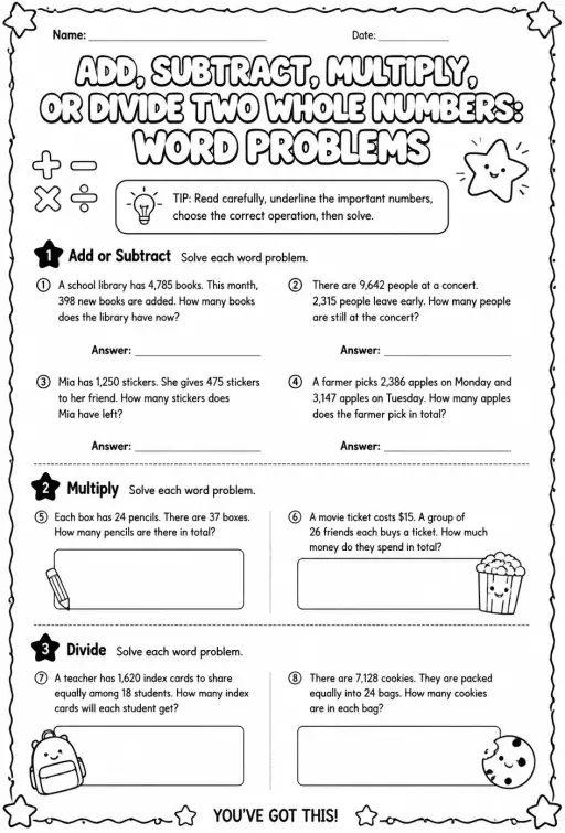 Add, subtract, multiply, or divide two whole numbers: word problems