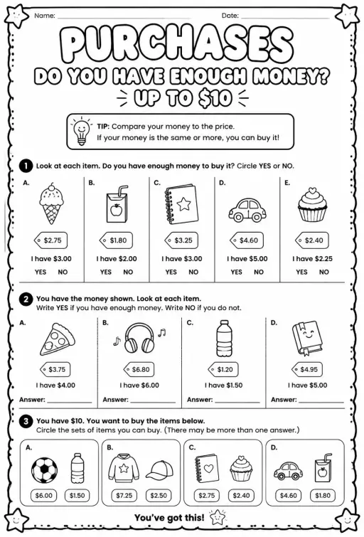 Purchases - do you have enough money - up to $10
