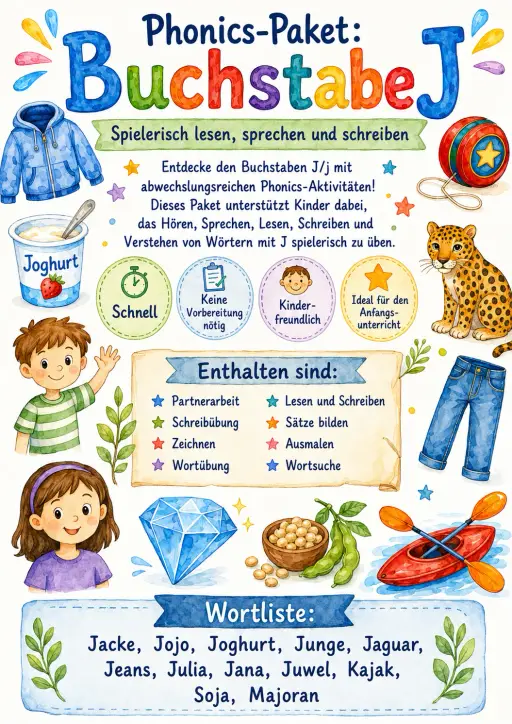 German Letter J Phonics Worksheets Pack