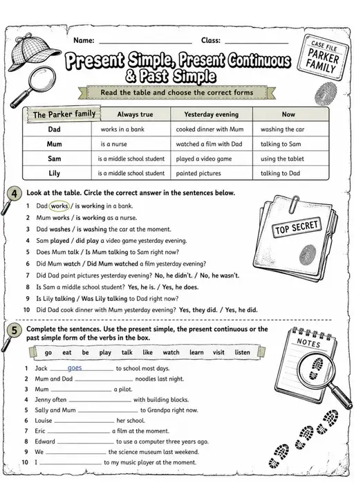 Present Simple, Present Continuous & Past Simple 2 | Grade 5 Grammar Worksheet